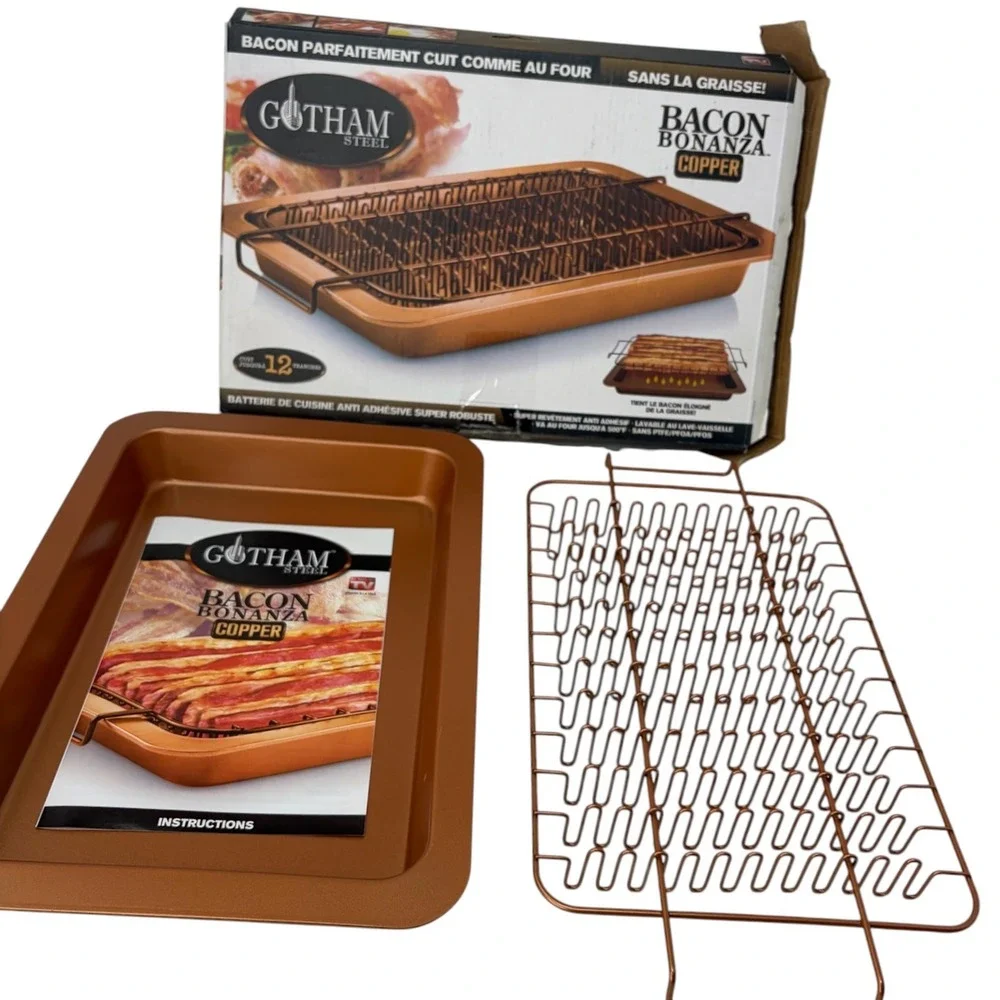 Gotham Steel Bacon Bonanza Copper Bacon Cooker Pan Rack Set NEW Open Box